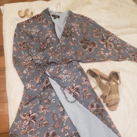 Blue Floral Cape-Sleeve Wrap Midi Dress - Picture 1 of 3